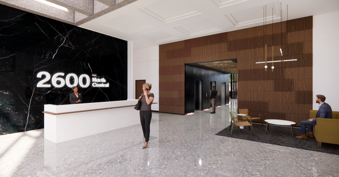 The new lobby at 2600 North Central in Phoenix, AZ. The building features office suites for lease.