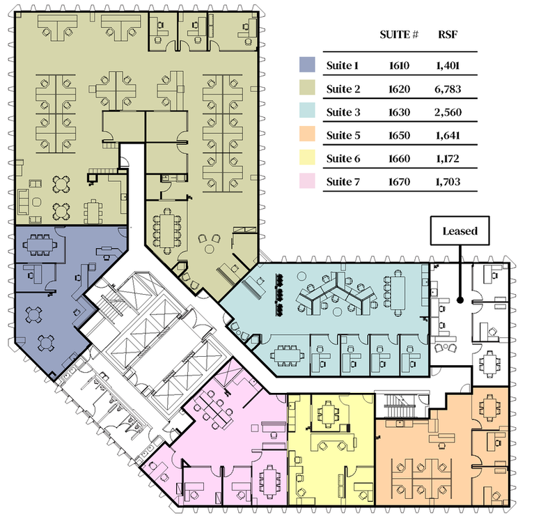 Floor plan showing a variety of fully built out, high-end spec suites available now at 2600 North Central in Phoenix