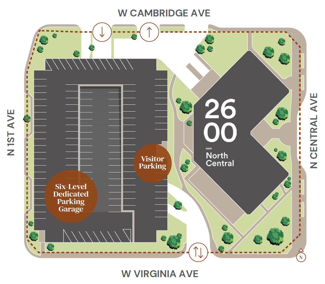 Site plan showing the location and parking of 2600 North Central; office space for lease near downtown Phoenix