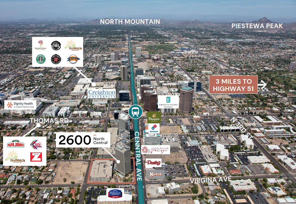Map showing restaurants and other amenities close to 2600 North Central, an office building with suites for lease near downtown Phoenix